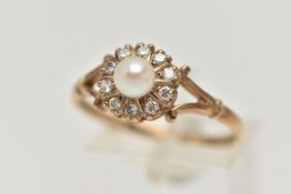 A 9CT GOLD CULTURED PEARL AND DIAMOND CLUSTER RING, circular cluster, set with a single cultured