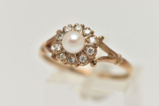 A 9CT GOLD CULTURED PEARL AND DIAMOND CLUSTER RING, circular cluster, set with a single cultured