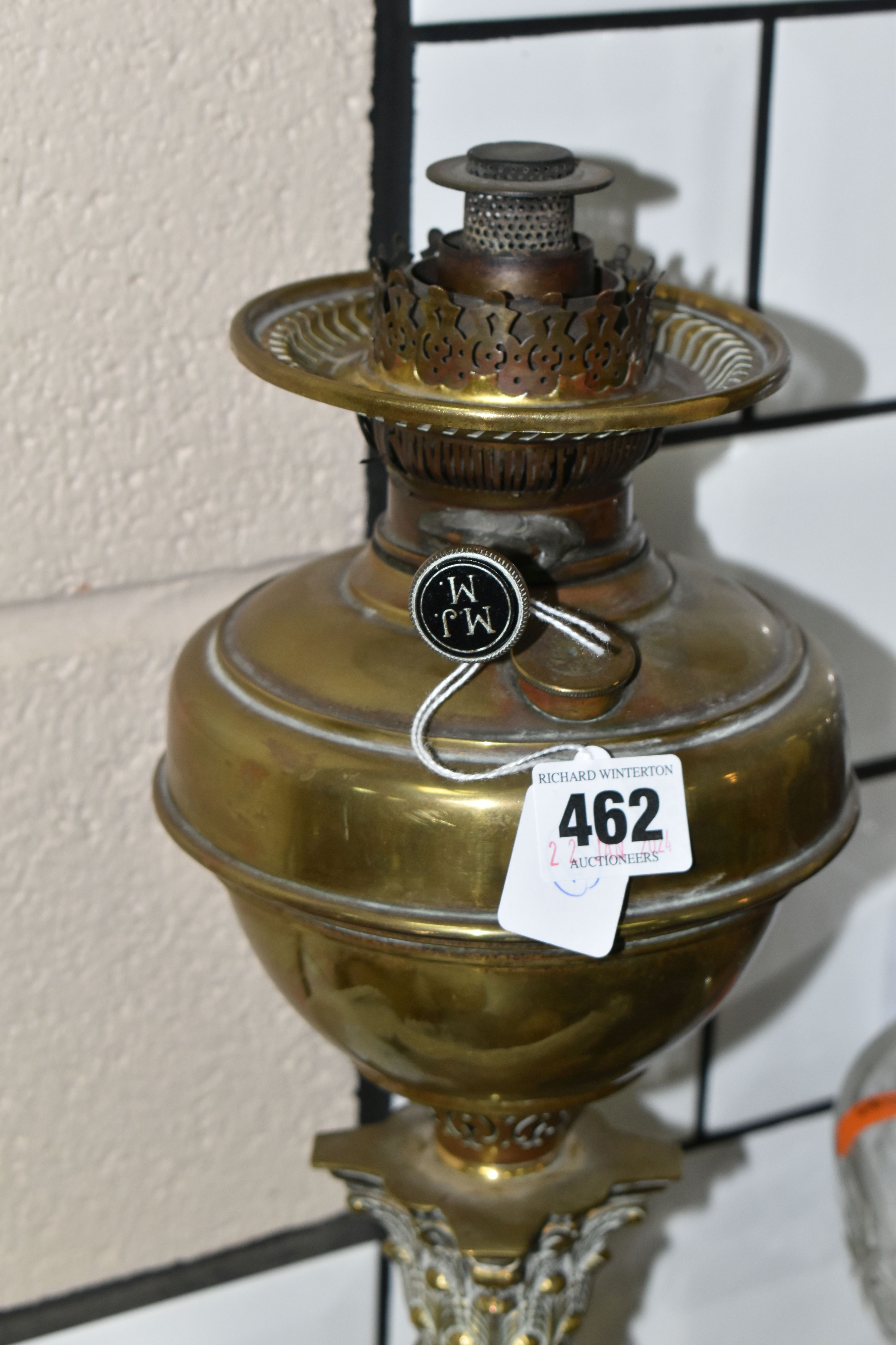 TWO VICTORIAN OIL LAMPS AND THREE SPARE BURNERS, comprising three brass oil lamp burners complete - Image 2 of 7