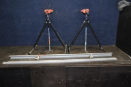 A PAIR OF ROLLER STANDS and a carpenters straight edge guide with two clamps 286cm long in total and