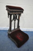 A 19TH CENTURY OAK CHURCH PRAYER KNEELER, with burgundy upholstered elbow rest and kneeling