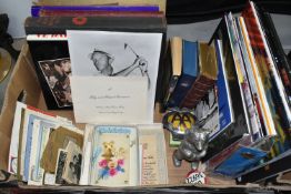 A BOX OF PRINTED EPHEMERA ETC, to include a Bing Crosby Christmas card signed in pen by Bing and his