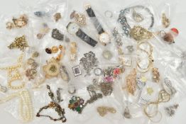 A BAG OF ASSORTED COSTUME JEWELLERY AND WATCHES, assorted jewellery items, including a signed '