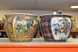TWO SATSUMA STYLE ORIENTAL PLANTERS, decorated with traditional Japanese family scenes, one