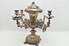 A SILVER PLATED EPERGNE CENTRE PIECE, silver plate on copper, flower centre piece with cover (