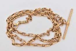 A 9CT GOLD CHAIN, elongated belcher link chain, fitted with a T-bar pendant, hallmarked 9ct