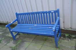 A BLUE PAINTED WOODEN SLATTED GARDEN BENCH width 153cm Condition Report: some paint losses,