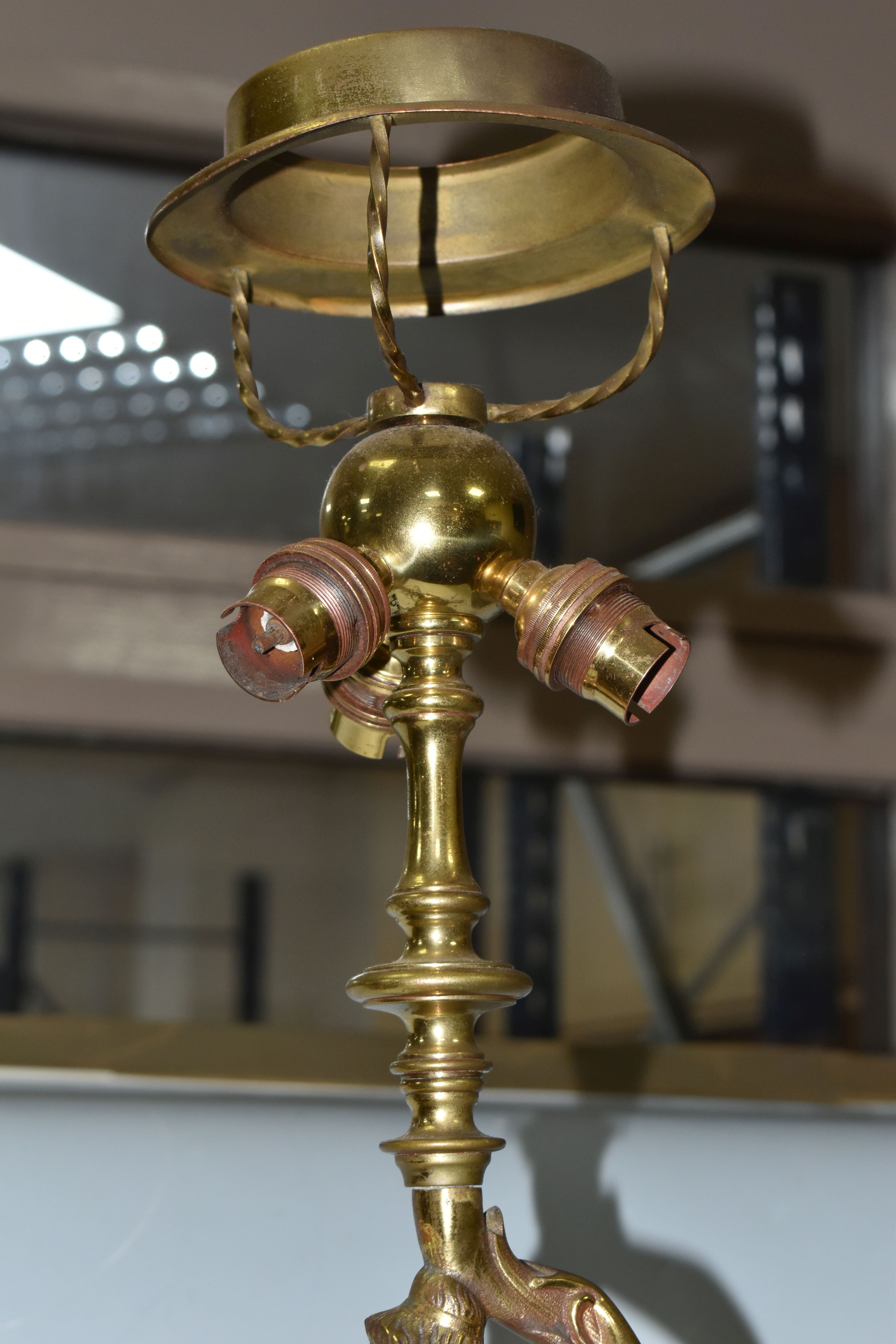 A LARGE BRASS FIGURAL TABLE LAMP, with three bulb fittings at the top, brass gimble and two flame - Image 10 of 10