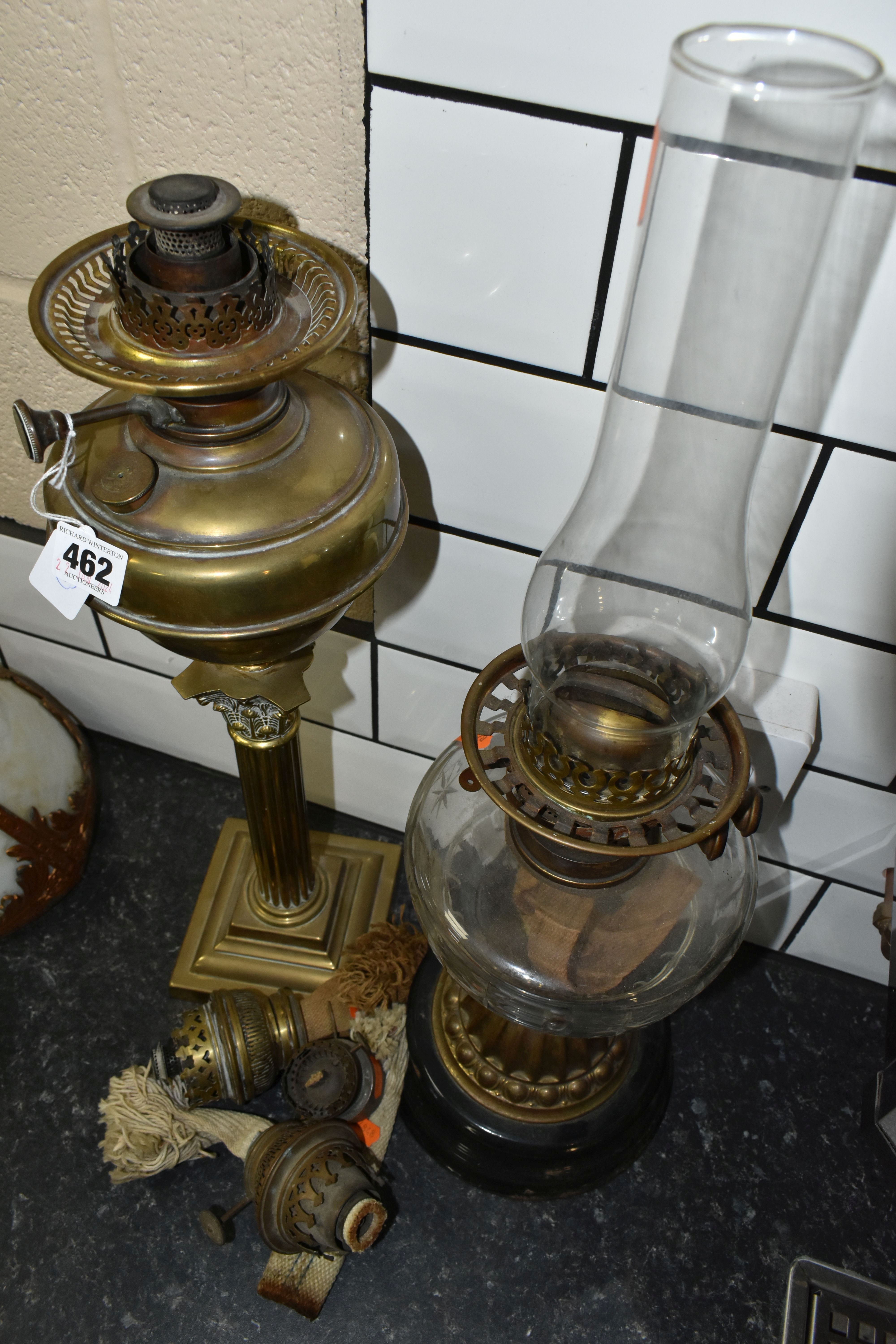 TWO VICTORIAN OIL LAMPS AND THREE SPARE BURNERS, comprising three brass oil lamp burners complete - Image 7 of 7