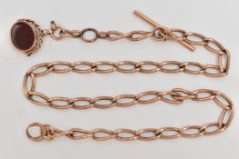 A 9CT ROSE GOLD ALBERT CHAIN WITH FOB, oval links each stamped 9.375, fitted with a T-bar hallmarked