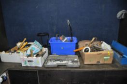 FOUR BOXES OF TOOLS, A SOCKET SET AND A PIPE THREADING SET, socket set is by Teknix, threading set