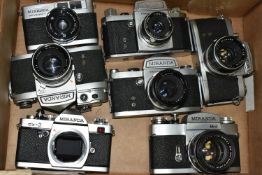 SEVEN VINTAGE MIRANDA CAMERAS AND LENSES, comprising a ST body fitted with a 5cm f2.8 lens, an FV-