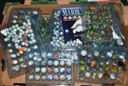 A COLLECTION OF ASSORTED MARBLES, various types and sizes, to include swirls, opaques, clears,