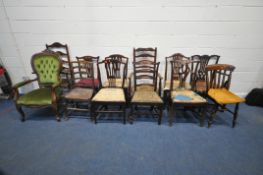A LARGE VARIETY OF PERIOD CHAIRS, to include a Victorian style armchair, with green button back