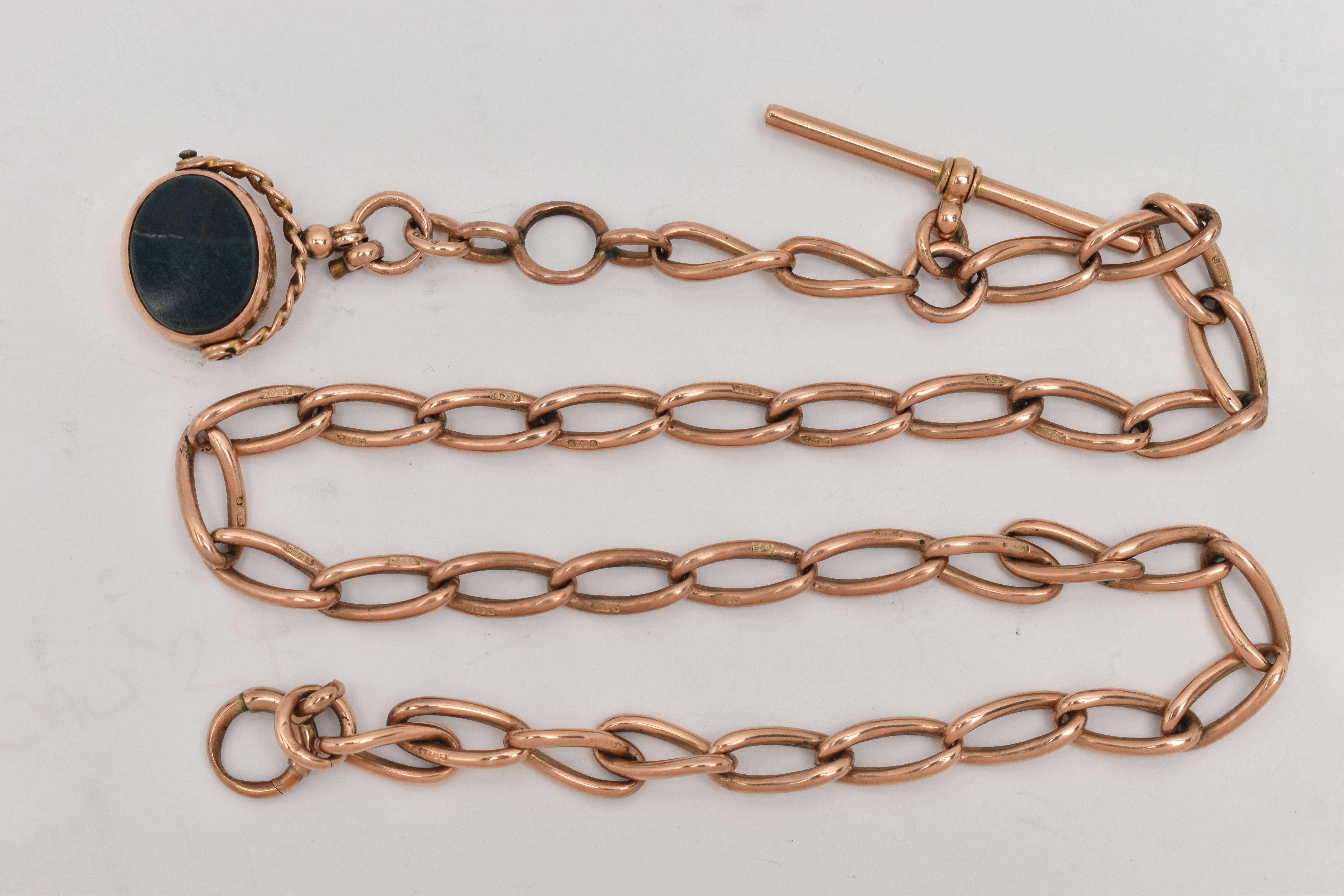 A 9CT ROSE GOLD ALBERT CHAIN WITH FOB, oval links each stamped 9.375, fitted with a T-bar hallmarked - Image 2 of 2