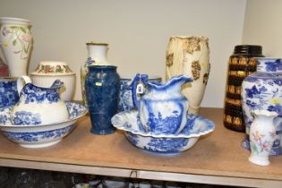 A QUANTITY OF VASES AND JARDINIERES ETC, to include a West German pottery vase, approximate height