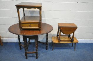 A 20TH CENTURY OAK OVAL BARLEY TWIST GATE LEG TABLE, open width 106cm x closed width 39cm x depth