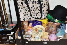 A BOX AND LOOSE CERAMICS, GLASS, HEADPHONES, PICTURES AND SUNDRY ITEMS, to include a Radley tote