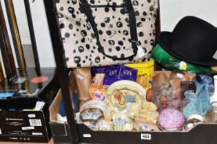 A BOX AND LOOSE CERAMICS, GLASS, HEADPHONES, PICTURES AND SUNDRY ITEMS, to include a Radley tote