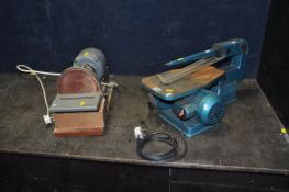 A VINTAGE NAEROK 10in SCROLL SAW (missing blade) and a bespoke disc sander (both PAT fail due to