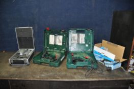 A CASED BOSCH PBH2100RE DRILL, a cased Bosch PSB680RE drill, a Silverline angle grinder (all PAT