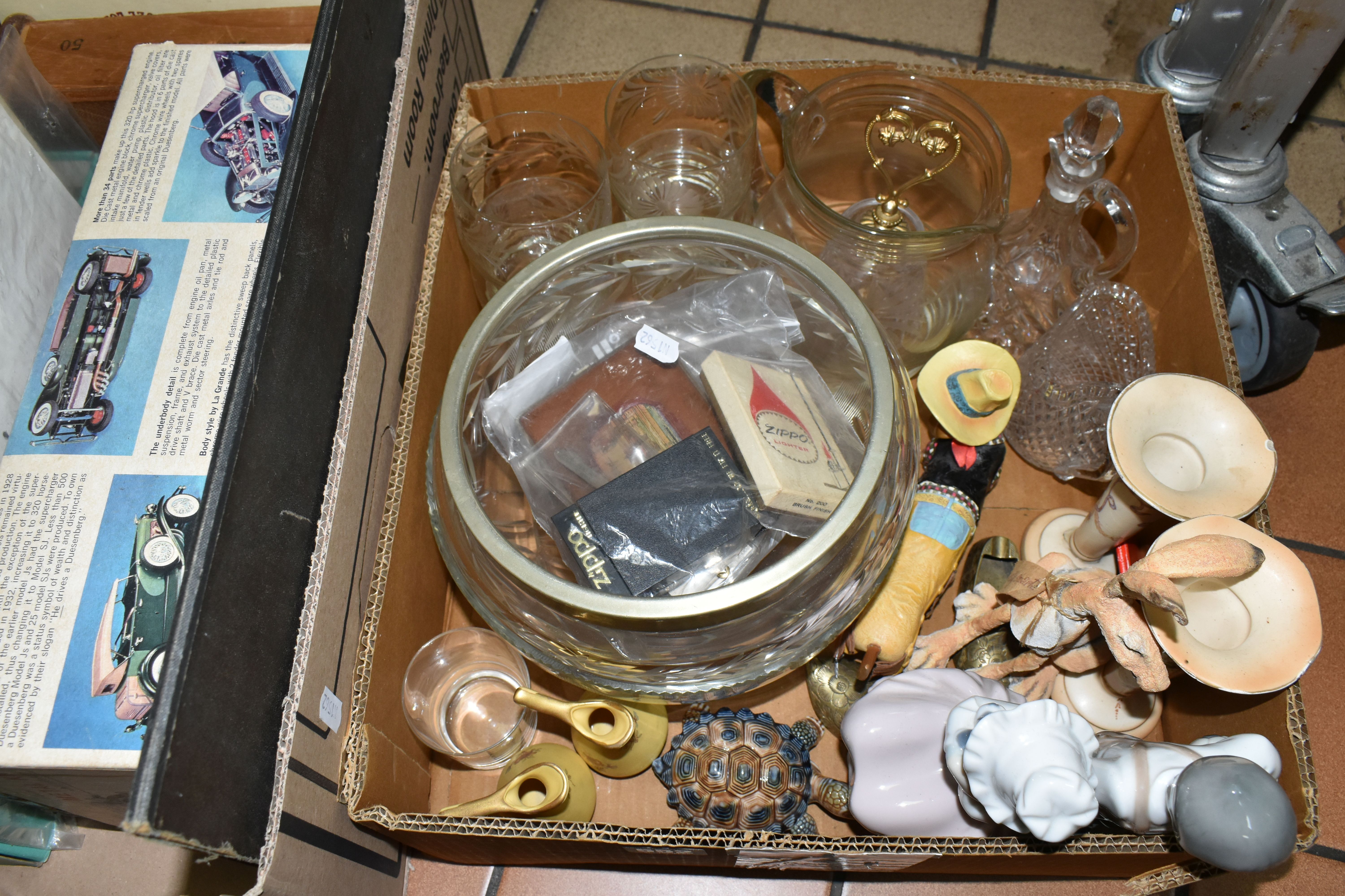 TWO BOXES OF CERAMICS, GLASS, MODEL VEHICLES AND SUNDRY ITEMS, to include two Nao figures, a pair of - Image 2 of 4