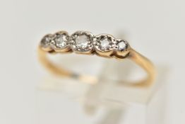 A FIVE STONE DIAMOND RING, five single cut diamonds, set in a white metal illusion setting,