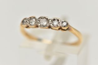 A FIVE STONE DIAMOND RING, five single cut diamonds, set in a white metal illusion setting,
