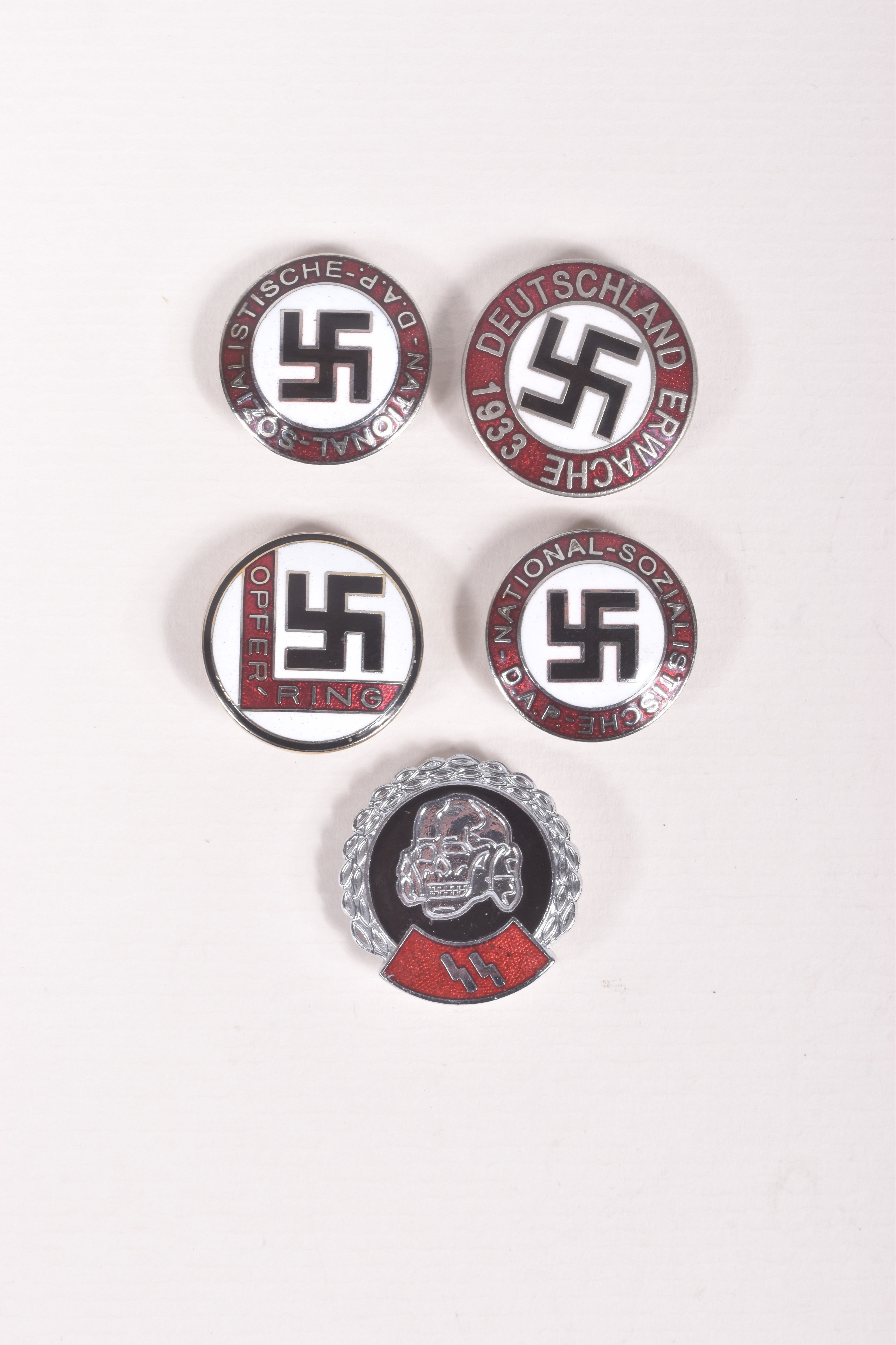 FIVE ASSORTED GERMAN PIN BADGES, to include NSDAP, Opfer-ring and on