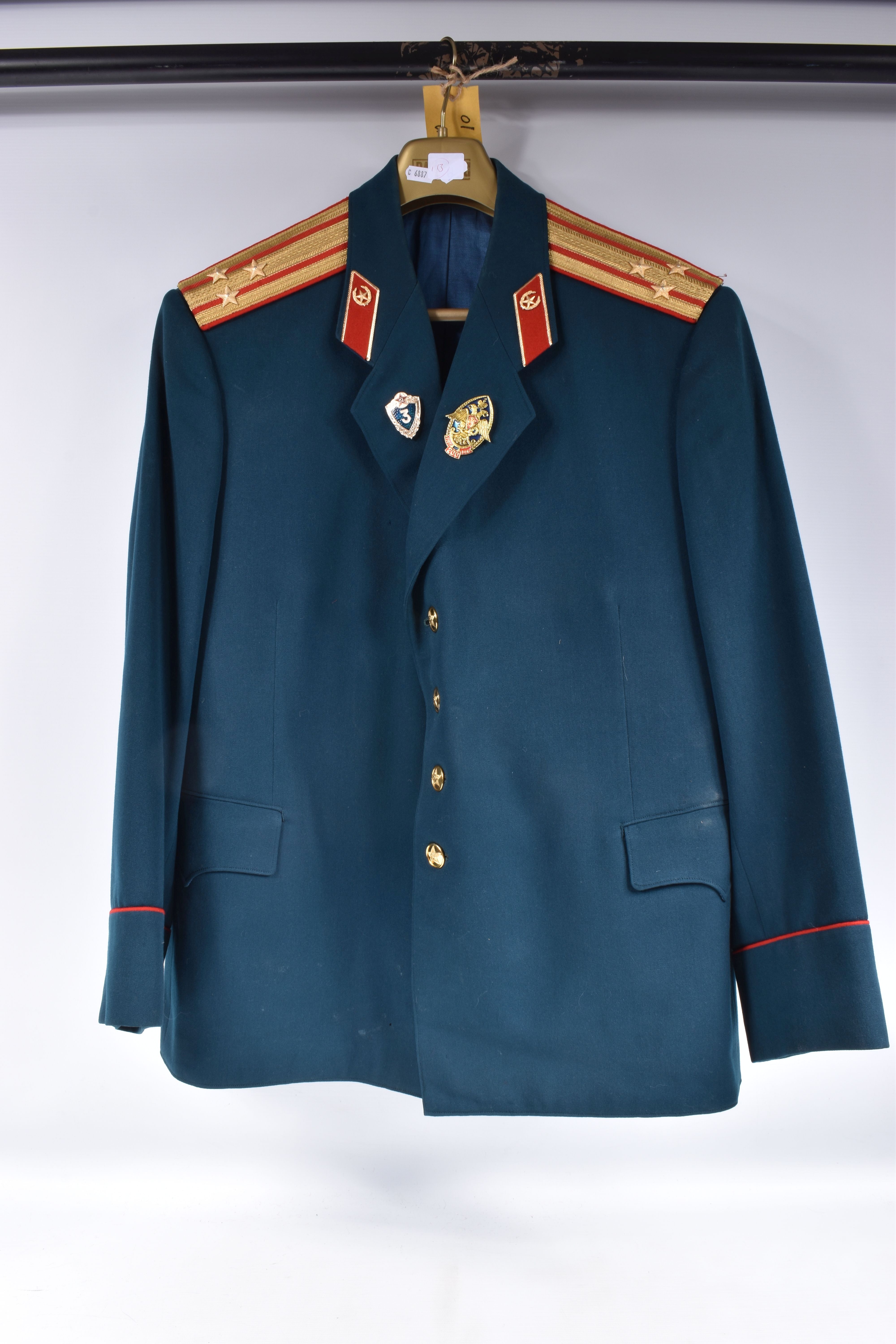 A RUSSIAN ARMY COLONELS UNIFORM, comprising of a tunic , trousers and a hat, the uniform is green - Image 2 of 11