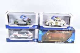 FOUR BOXED SOLIDO 1:18 SCALE DIECAST MODEL CARS, to include a 1966 Citroen 2CV , item 8029, a