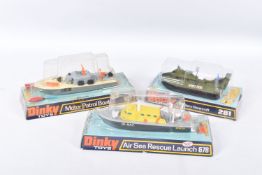 THREE BOXED DINKY DIECAST MILITARY TOYS, to include a Military Hovercraft, item no. 281, an Air