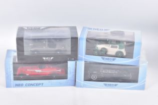 FOUR BOXED NEO 1:43 SCALE DIECAST MODEL VEHICLES, to include a NEO Concept Bentley 41/2 litre