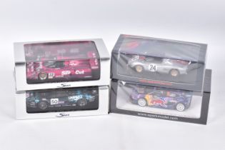 FOUR BOXED 1:43 SCALE SPARK MINIMAX MODEL VEHICLES to include a Jaguar XJR-12 no.33 4th LeMans