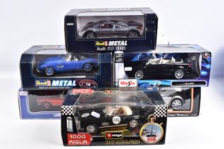 SIX BOXED GERMAN BRANDED 1:18 SCALE DIECAST MODEL VEHICLES, to include a Maisto Special Edition Audi