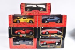 SEVEN BOXED 1:18 SCALE FERRARI DIECAST MODEL VEHICLES, to include a Mira Ferrari F50 1995 in Blue,