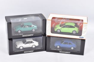 FOUR BOXED 1:43 SCALE MINICHAMPS MODEL VEHICLES to include an Alfa Romeo Alfasud ti Azzurro Le