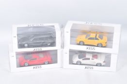 FOUR BOXED 1:43 SCALE KESS MODEL VEHICLES to a Maserati Shamal 1988 in Yellow item no. KE43014022, a