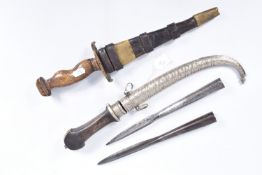 TWO DAGGERS AND TWO SPEAR TIPS, the daggers include an Arabic style one with a wooden handle, curved