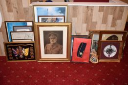 MILITARY AND AIRFORCE INTEREST, a group of framed prints, plaques, pennants, plate, etc, including
