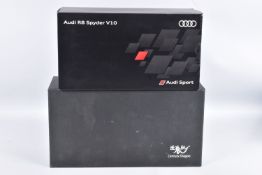 TWO BOXED 1:18 SCALE DIECAST MODEL CARS, to include an I Scale Audi Ra Spyder V10 in Dynamite Red,