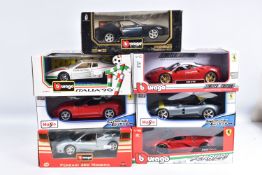 SEVEN BOXED 1:18 SCALE FERRARI DIECAST MODEL VEHICLES, to include a Bburago Ferrari FXX-K Evo Hybrid