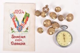 A WALTHAM STOP WATCH , SILK POSTCARD AND REME UNIFORM BUTTONS, the stop watch is white metal but