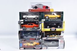 NINE BOXED AMERICAN BRANDED 1:24 SCALE DIECAST MODEL VEHICLES, to include a New Ray Dodge Charger