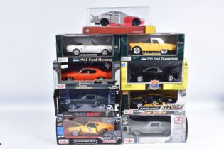 NINE BOXED AMERICAN BRANDED 1:24 SCALE DIECAST MODEL VEHICLES, to include a New Ray Dodge Charger