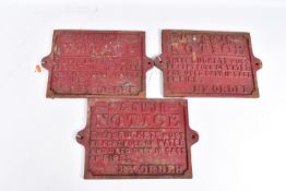 THREE CAST IRON M. & G. N. JOINT RAILWAY FIRE BUCKET NOTICES/SIGNS, stating By order 'These