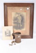 A LARGE GLAZED AND FRAMED PHOTO OF A SOLDIER, a trench are tankard, photo and a small selection of