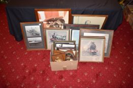 ROYAL NAVY AND TRAIN INTEREST, a group of framed prints, photographs and wooden wall plaques,