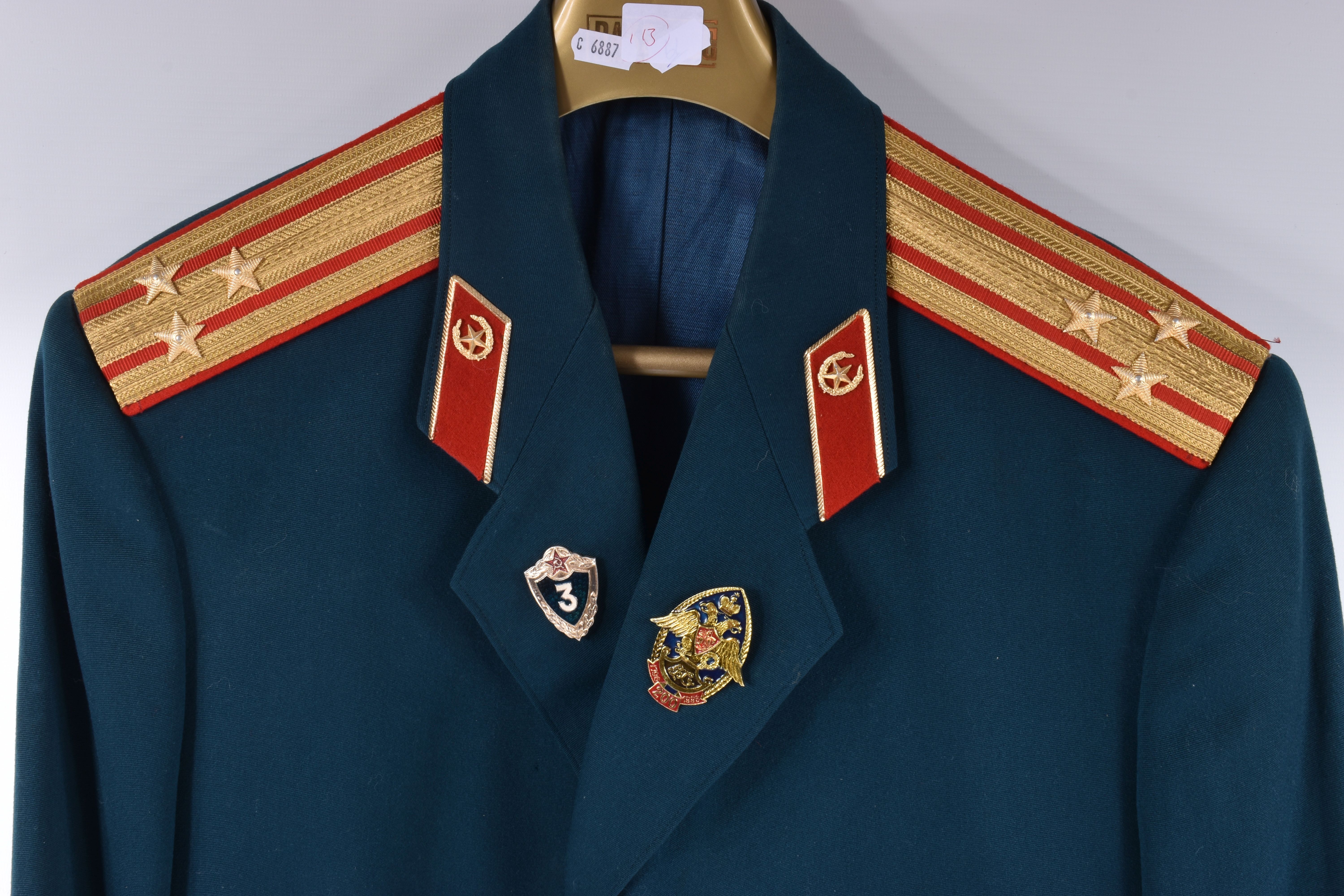 A RUSSIAN ARMY COLONELS UNIFORM, comprising of a tunic , trousers and a hat, the uniform is green - Image 3 of 11