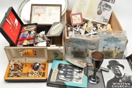 A BOX OF ASSORTED ITEMS, to include two white metal serving trays, two jewellery boxes with assorted